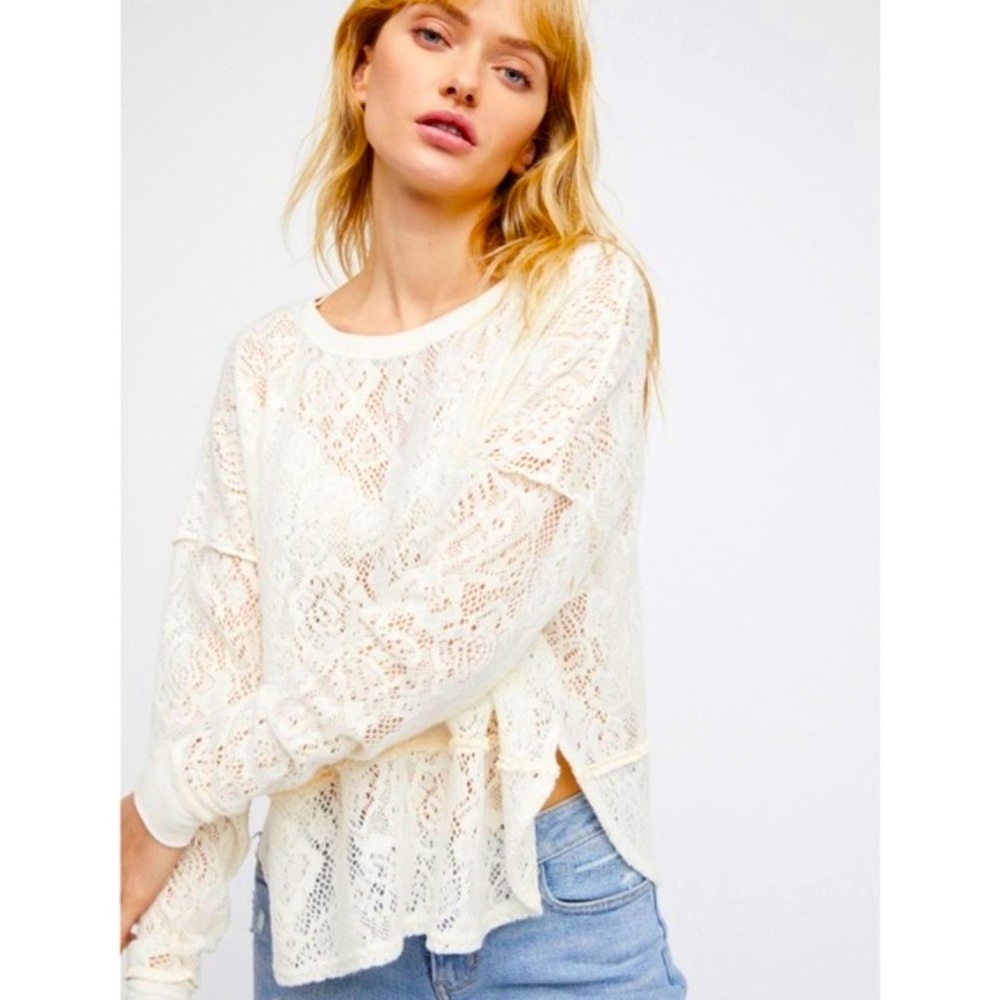 Free People Not Cold in this Top Lace Floral Knit Top Sweater Size XS Ivory